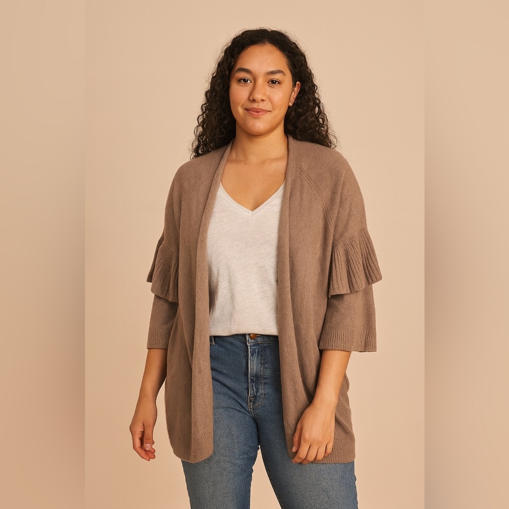 Express Oversized Taupe Ruffle 3/4 Sleeve Cardigan XXS